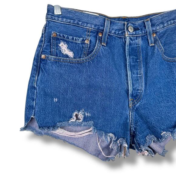 Levi's Premium Medium Wash Distressed Button Fly High Waist Denim Jean Shorts - Picture 2 of 9